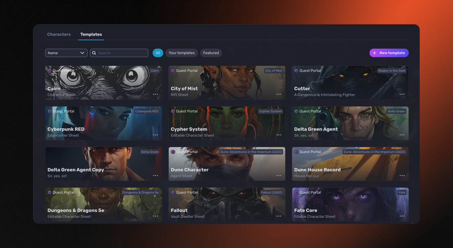 Character sheet templates overview page in Quest Portal.