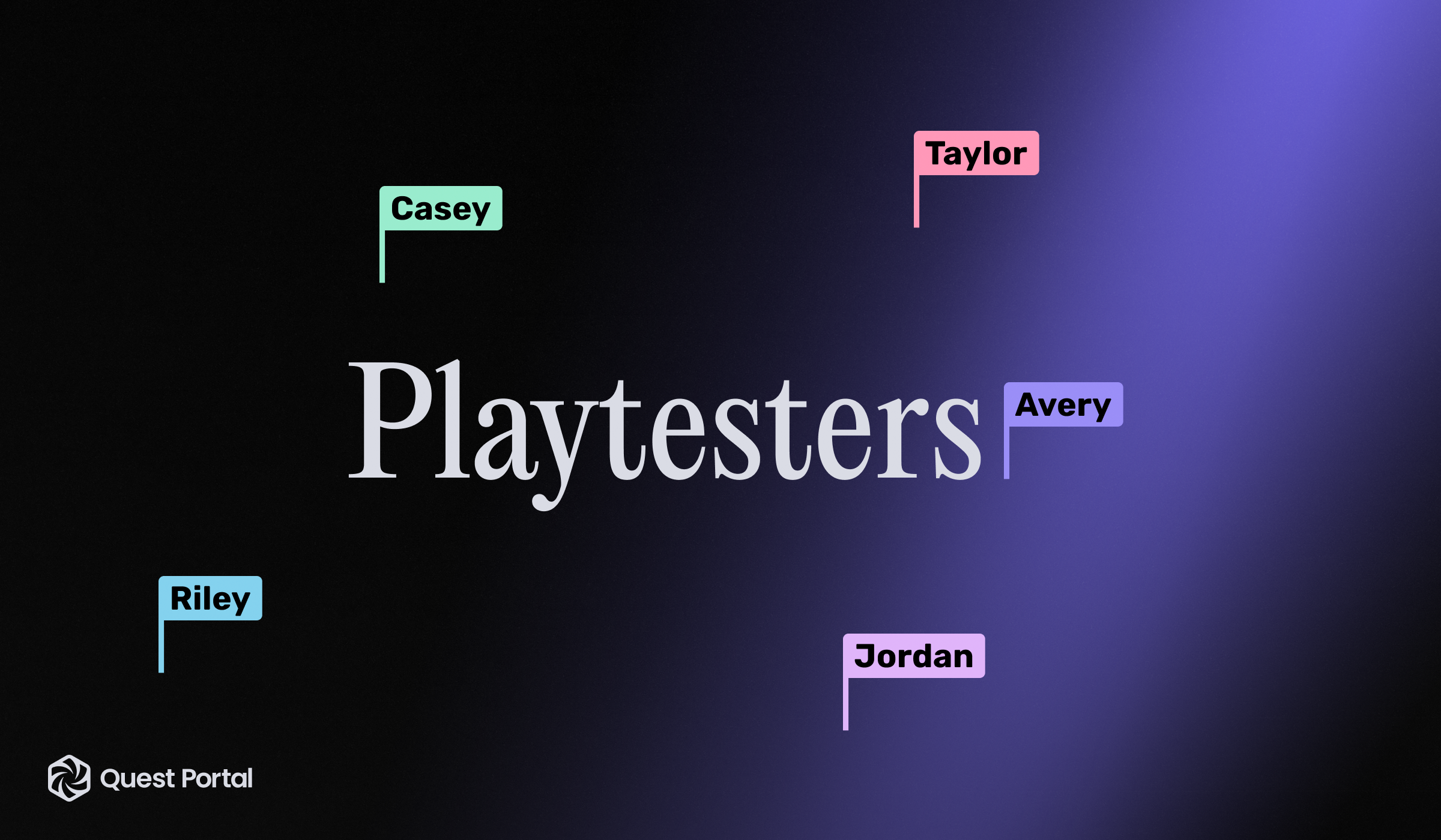 Playtesters with name flags on purple and black background